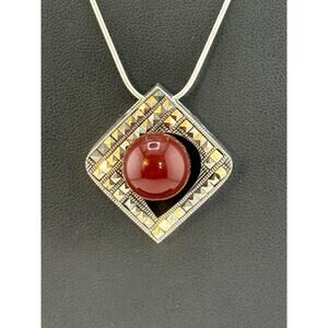 Vintage Carnelian Globe Marcasite 925 Sterling Silver Pendant Necklace